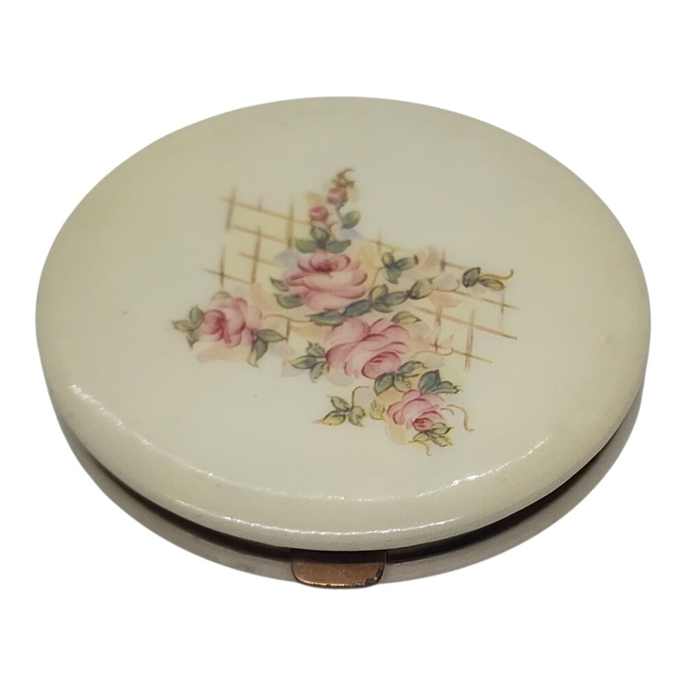 Vintage Large Lucite Powder Compact Pink Roses Floral Vanity Mirror 3" Round